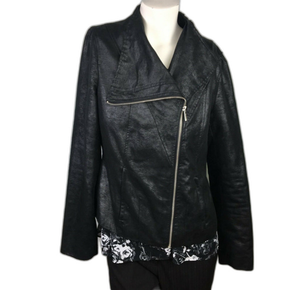 Calvin Klein Black Metallic Moto Micro Suede Jacket Motorcycle Zip Up Blazer S - Picture 1 of 9
